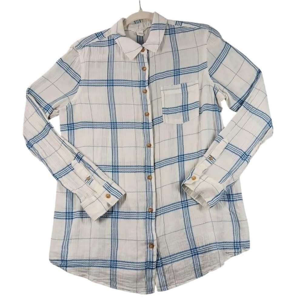 Caslon Shirt Womens Small White Blue Plaid Stretch Button Front Long Sleeve